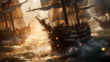 Intense naval battle scene between rival pirate ships, with cannons firing, sails billowing, and pirates swinging from ropes in a clash for supremacy