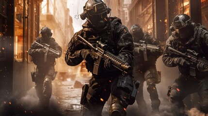 Wall Mural - Team of elite special forces soldiers executing a covert mission behind enemy lines, showcasing their tactical skills, advanced weaponry, and stealthy maneuvers