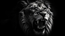 Lion Head Landscape, Black And White Image Of The Face Of A Lion With An Intimidating Expression, Showcasing The Striped Texture Of Its Fur. Generated AI