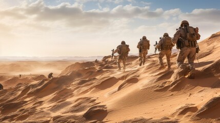 Squad of soldiers conducting a desert patrol, navigating vast sand dunes, rugged terrain, and harsh weather conditions in a hostile environment