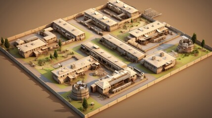 Fortified military base, complete with barracks, command centers, and defensive structures, portraying the organized and strategic nature of military operations