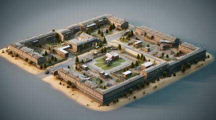Wall Mural - Fortified military base, complete with barracks, command centers, and defensive structures, portraying the organized and strategic nature of military operations