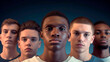 © PETR BABKIN - close-up of a multiethnic group of young people standing against a dark blue background. Generative Ai.