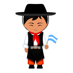 Wall Mural - Man in national costume. Male cartoon character in traditional ethnic clothes holding flag. Flat isolated illustration.