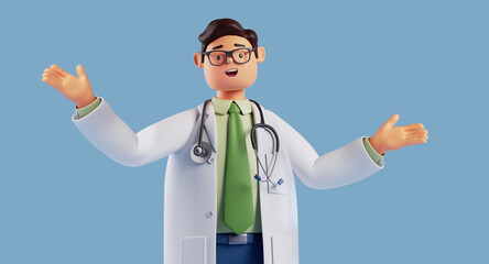 3d render, cartoon character smart trustworthy doctor wears glasses and shows inviting gesture. Happy professional caucasian male specialist. Medical presentation clip art isolated on blue background