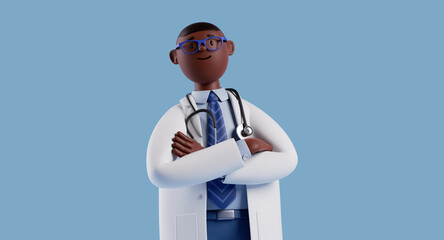 3d render, cartoon character smart confident trustworthy african doctor wears glasses and looks at camera. Proud professional male specialist. Medical clip art isolated on blue background