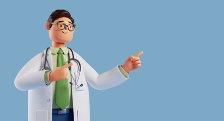 3d render. Cartoon character cute caucasian man doctor, wears glasses and uniform, shows right direction with finger. Medical clip art isolated on blue background. Health care assistant