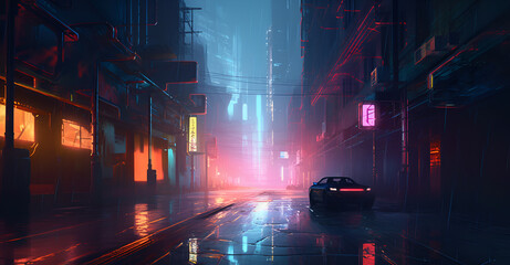 Wall Mural - Cyberpunk-themed abstract background, featuring neon lights reflecting off rain-soaked streets