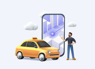 3D online ordering taxi car, rent and sharing using service mobile application. Man near smartphone screen with route and points location on a city map on the car urban landscape. 3D cartoon render