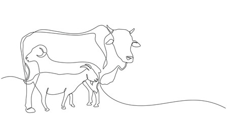 continuous line of eid al adha banner design. goats, sheep, cows background for muslim community fes