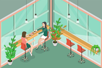 Wall Mural - 3D Isometric Flat Vector Conceptual Illustration of Females Having a Meal Together, Coffee House Indoor Interior