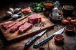 slicing meat on a cutting board table stuff food photography