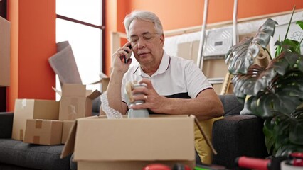 Poster - Middle age man with grey hair unpacking cardboard box speaking on the phone complaining at new home