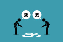Two Person Arguing The Number On The Floor Weather It Is 66 Or 99. Vector Illustration Depict Concept Of Point Of View, Viewpoint, Different Perception Perspective, Silly Argument, And Disagreement.