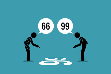 Two person arguing the number on the floor weather it is 66 or 99. Vector illustration depict concept of point of view, viewpoint, different perception perspective, silly argument, and disagreement.