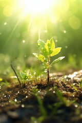 A tiny two leaf tree with water drops, a background meadow, rays of sunshine. AI generative