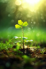 A tiny two leaf tree with water drops, a background meadow, rays of sunshine. AI generative