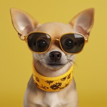 Yellow Dog Portrait Pet Chihuahua Glasses Happy Animal Puppy Background Cute. Generative AI.