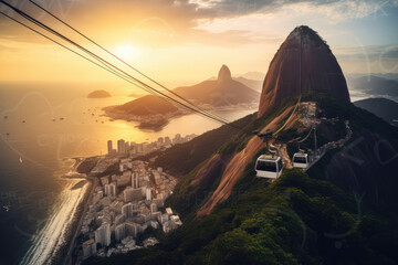 Sticker - Rio de Janeiro cityscape with famous Sugarloaf Cable Car at sunset in Rio de Janeiro, Brazil, generative AI