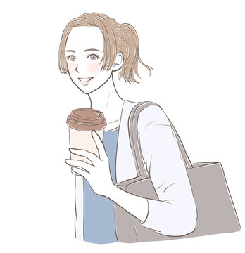 コーヒーを持って通勤する真ん中分けの女性　水彩風