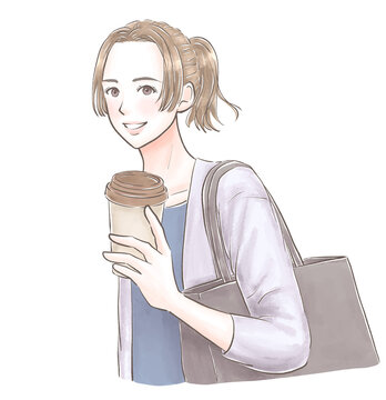 コーヒーを持って通勤する真ん中分けの女性　水彩風