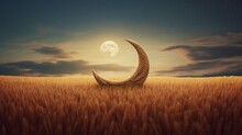 A Glowing Crescent Moon Rising Over A Golden Wheat Field. Islam Concept Background. Generative AI