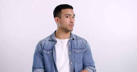 Poster - Uncomfortable, face and an Asian man looking scared isolated on studio white background. Fear, shy and portrait of a young person with an awkward expression, nervous and confused anxiety on backdrop