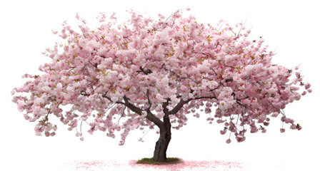 Pink cherry tree blossom isolated on transparent background. Tree and Plant isolated PNG element. Generative AI.