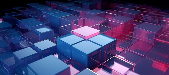 3D rendering of abstract geometric composition with cubes in pink and blue, generative Ai	