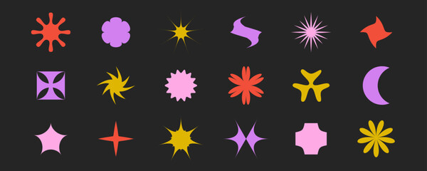 Poster - Abstract star, flower, sunburst, cross shapes collection. Primitive geometric forms set in Swiss, bauhaus or Memphis style. Brutalist elements pack for poster, banner, collage. Vector signs bundle. 