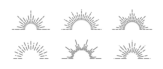 Poster - Half sunburst frame set. Linear sunrise and sunset symbols collection. Radial sunshine light rays pack. Retro sunbeam shapes. Design elements for logo, label, badge, poster. Vector bundle