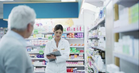 Poster - Senior, pharmacy and people advice, help or search for medicine on shelf, healthcare services or retail pharmacy. Pharmacist or medical woman talking to patient or elderly customer and check in store