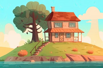 Poster - cozy house on a secluded island surrounded by a lush tree Generative AI