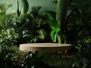 Wall Mural - Wood pedestal in tropical forest for product presentation and dark green wall.3d rendering