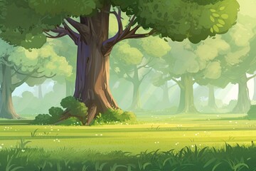 Poster - lush green forest with tall trees and a stream running through it Generative AI