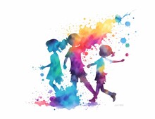 Illustration Of A Watercolor Painting Of Three Children's Playing Together. Children's Day Greeting Card. Generative Ai.
