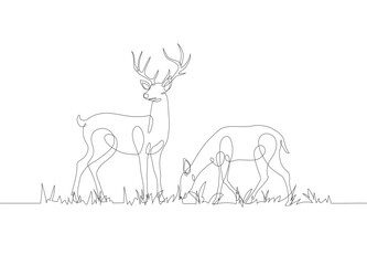 Wall Mural - Deer linear icon. A pair of deer with grass in continuous line art drawing style. Continuous line drawing of deer with grass. Deer in abstract and minimalist linear icon. Vector illustration