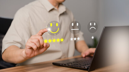 Poster - Shopper hand touching the virtual screen on the happy smile face icon for assessment feedback review satisfaction opinion and testimonial. Customer service experience and business satisfaction survey.