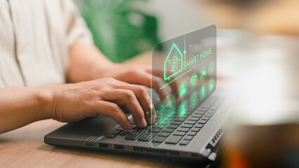 Poster - Adult man controlling technology AI smart home devices using a laptop computer with launched application in the bed room. Iot smart home automation app concept.