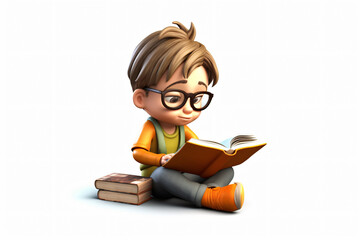 Wall Mural - Photo studious 3d boy reading book isolated on white background