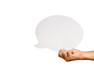 Close-up of hand holding a blank white speech bubble while standing against a transparent background