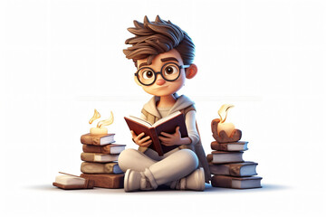 Wall Mural - Photo studious 3d boy reading book isolated on white background