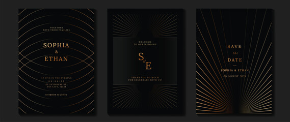 Luxury wedding invitation card background vector. Golden elegant geometric shape, gold wavy lines on dark background. Premium design illustration for wedding and vip cover template, banner, poster.