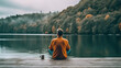 Lakeside Retreat: Young Man Embracing Freedom and Relaxation on the Pier with a Cup of Coffee. created with Generative AI