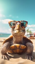 Tropical Vibes: Joyful Giant Tortoise With Textured Shell Sunglasses On A Sunny Beach