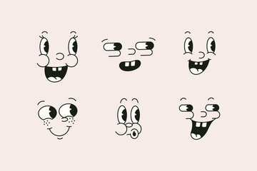 Wall Mural - Retro Cartoon Characters Funny Faces in 30s, 50s Mascot Style. Vector Old Illustration Part Of Face