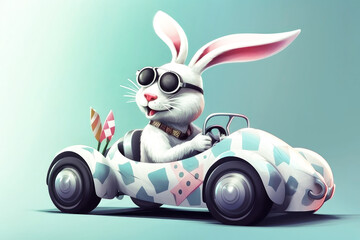 Illustration of a funny rabbit driving a convertible sports car. Generative AI