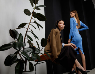 Wall Mural - Two fashion models in beige, blue outfits. Brown jacket, blazer, black skirt, dress, top. Beautiful young women. Asian and european girls posing on textured black and white wall, tall flower 