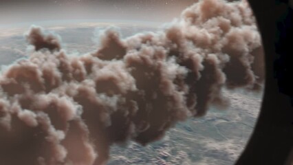 Wall Mural - large burning asteroid over earth atmosphere, shuttle window view cinematic view of meteor asteroid 