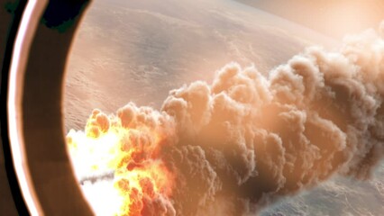 Wall Mural - large burning asteroids over earth atmosphere, shuttle window view cinematic view of meteors asteroi